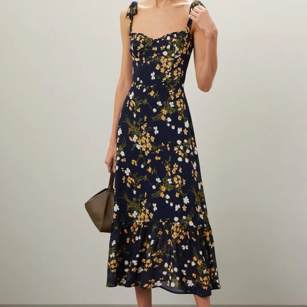 Reformation Nikita Black Floral Midi Dress